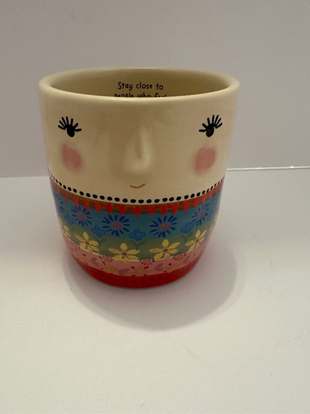 Natural Life Folk Friend Handleless Ceramic Face Mug NEW W/STICKER ON BOTTOM
